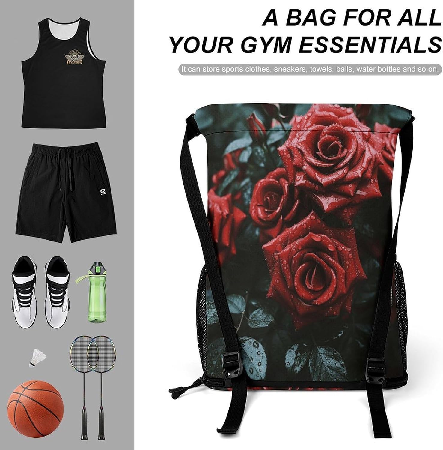 Red And Black Rose Drawstring Backpack for Adult,Gym Bag with Shoe Compartment,Hiking Backpack with Mesh Side Pockets