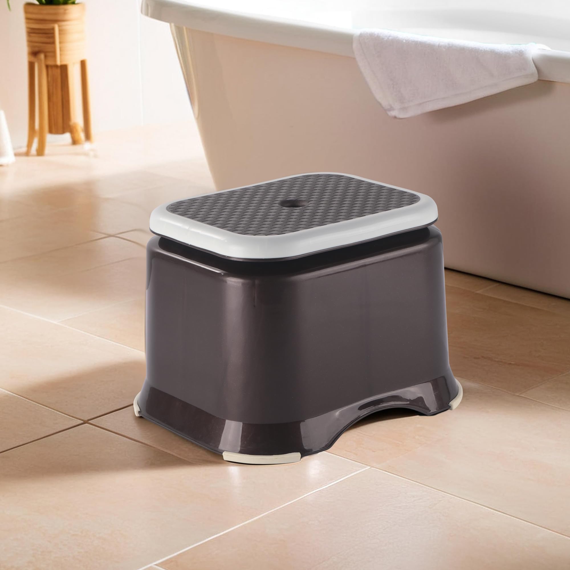 Kuber Industries Plastic Anti-Slip Bathroom Stool for Bathing|Comfortable Indoor & Outdoor Machiya for Sitting|Durable Adults Bath Stool & Patla Chair for Home|Check Ultra 10- Brown