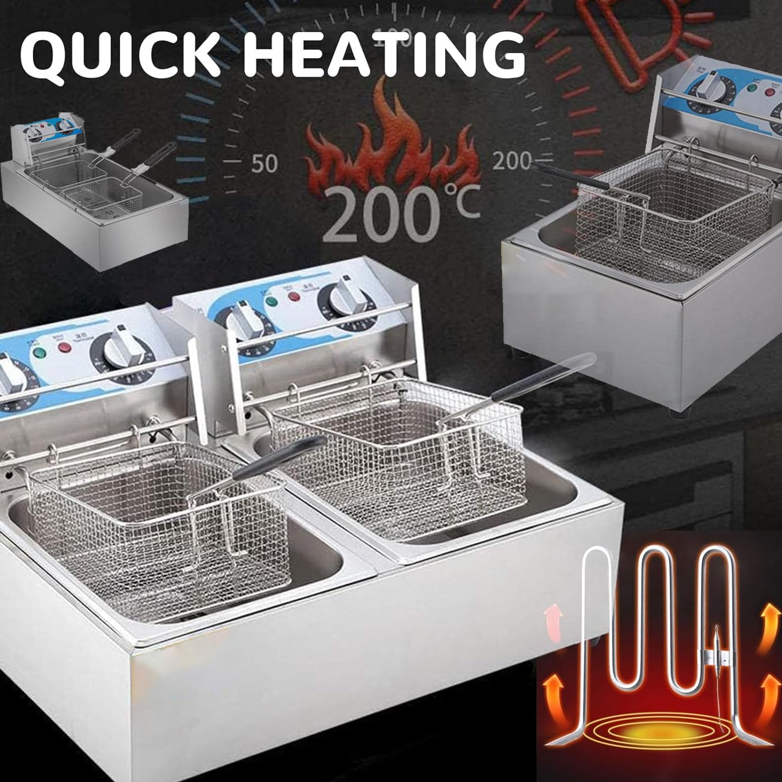 Freidora EléCtrica Comercial Tanques 10/20l Freidora De Aceite De Acero Inoxidable con Cestas para FreíR Tapas Temperatura Ajustable 50-200 Gradosc para Aros De Cebolla Pollo Papas Fritas