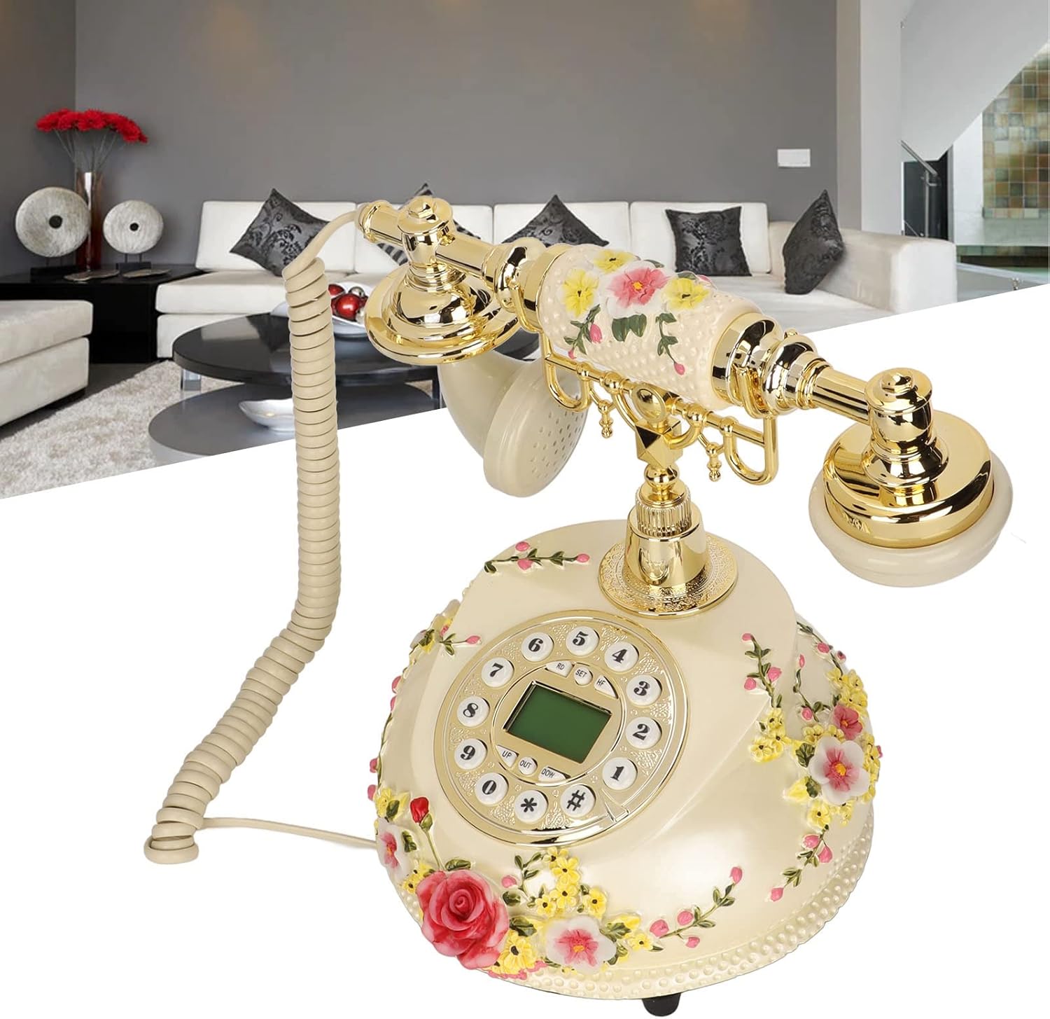 Hilitand Retro Vintage Telephone, Rotary Dial Antique Home Phone Flowers Old Fashioned Corded Phone with FSK DTMF Redial Number Storage Function Corded Landline for Home Office Decorative