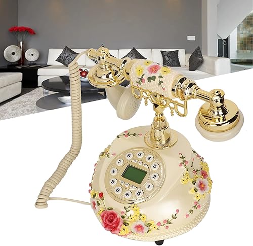 Miniatura 5 de Hilitand Teléfono retro vintage, esfera rotativa, teléfono antiguo para el hogar, flores, teléfono con cable antiguo con cable FSK DTMF función de
