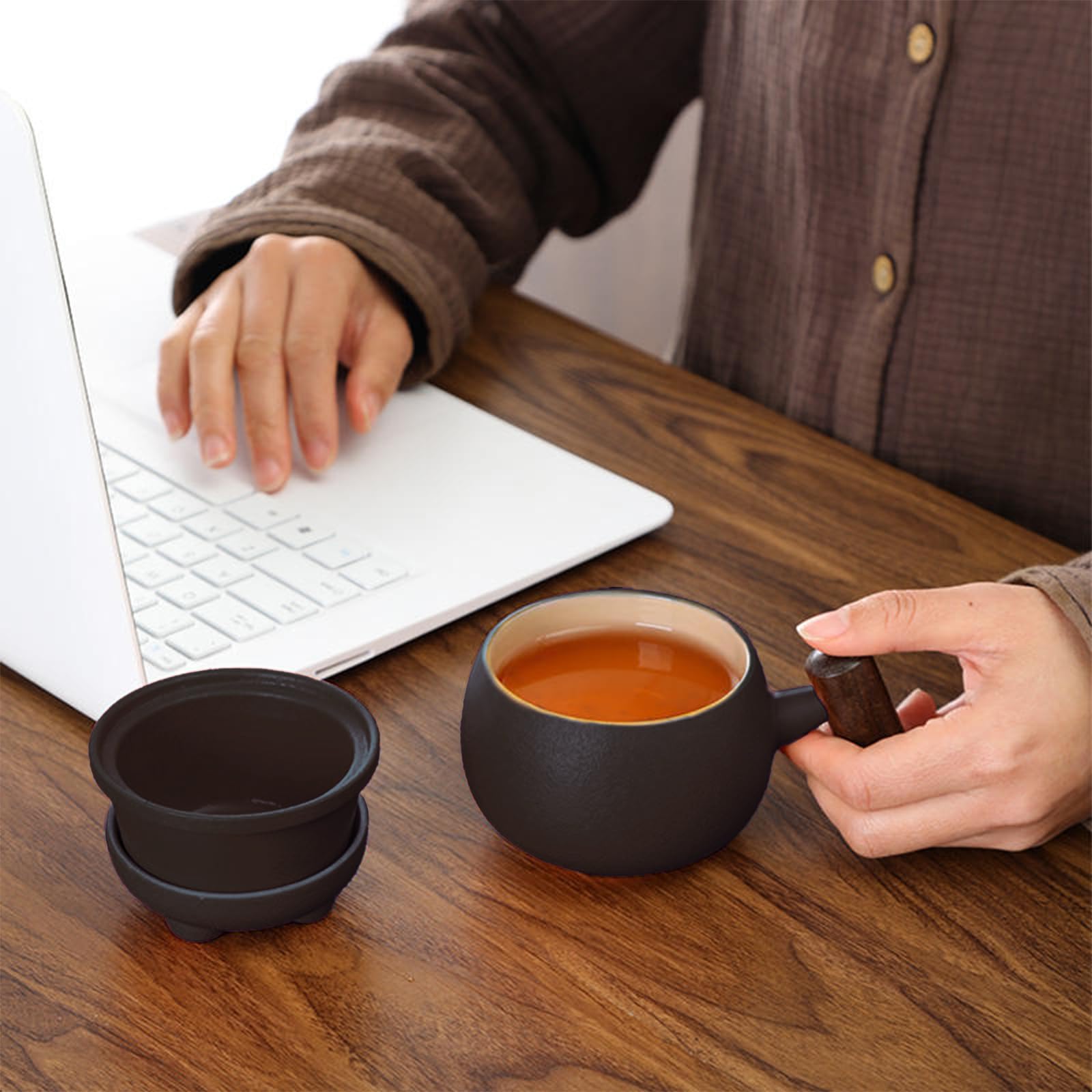 fanquare Tee-Ei-Becher Niedlicher Bär Schwarz Keramik Teetasse mit Deckel, Tragbarer Reise Tee Ziehbecher für loses Blatt