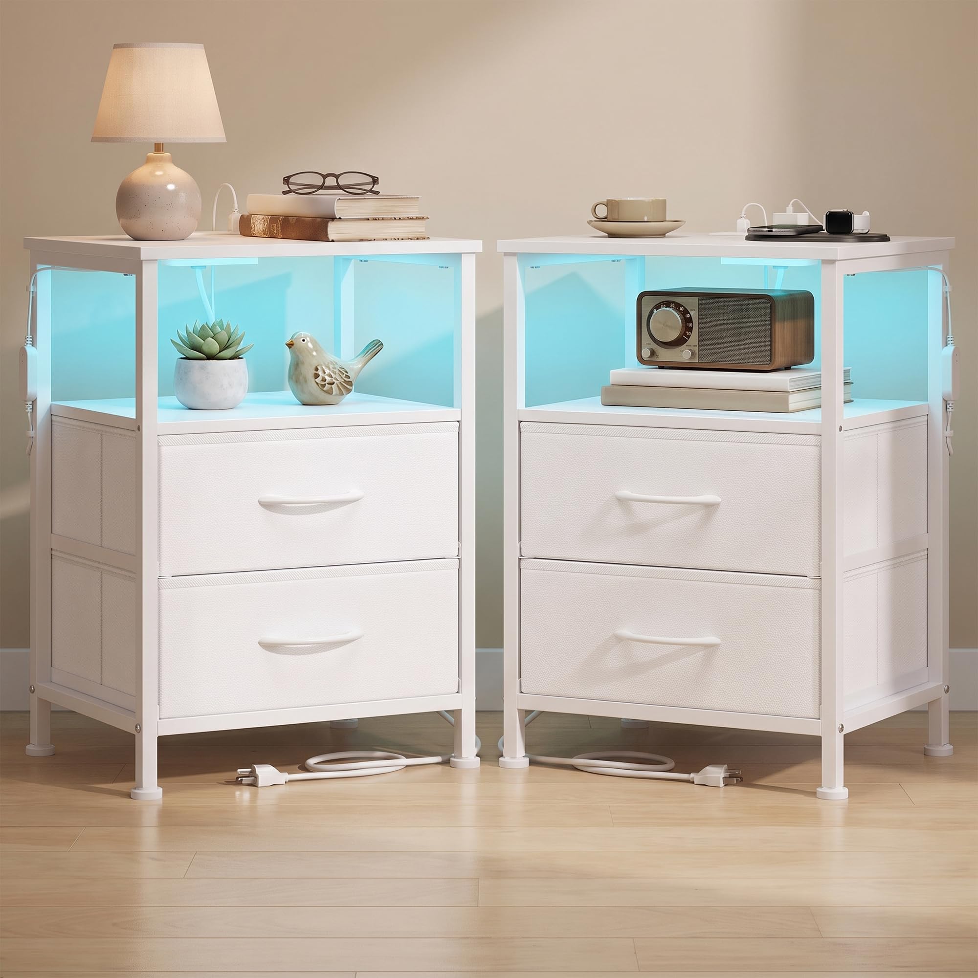 SONGMICS Nightstand with Charging Station, 2 Fabric Drawers