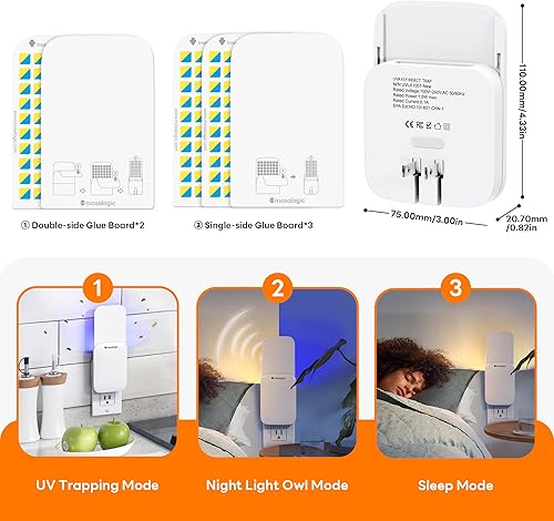 Miniatura 3 de Mosalogic Trampa inteligente para moscas de frutas para interiores con sensor de movimiento, luz nocturna, 3 modos, silenciosa, cobertura de 600
