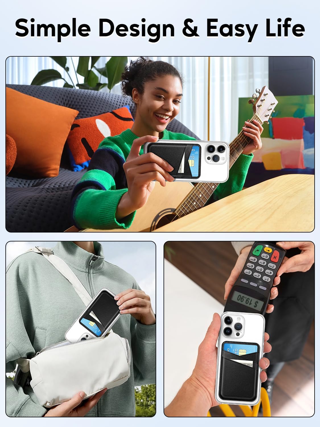 SS Phone Wallet Stick On - Leather Safe Card Holder for iPhone and Samsung Case, Minimalist Double Pocket Back of Cell Phone, Compatible With iPhone 16/15/14/13/12 Series, Black Black (2 Pack)