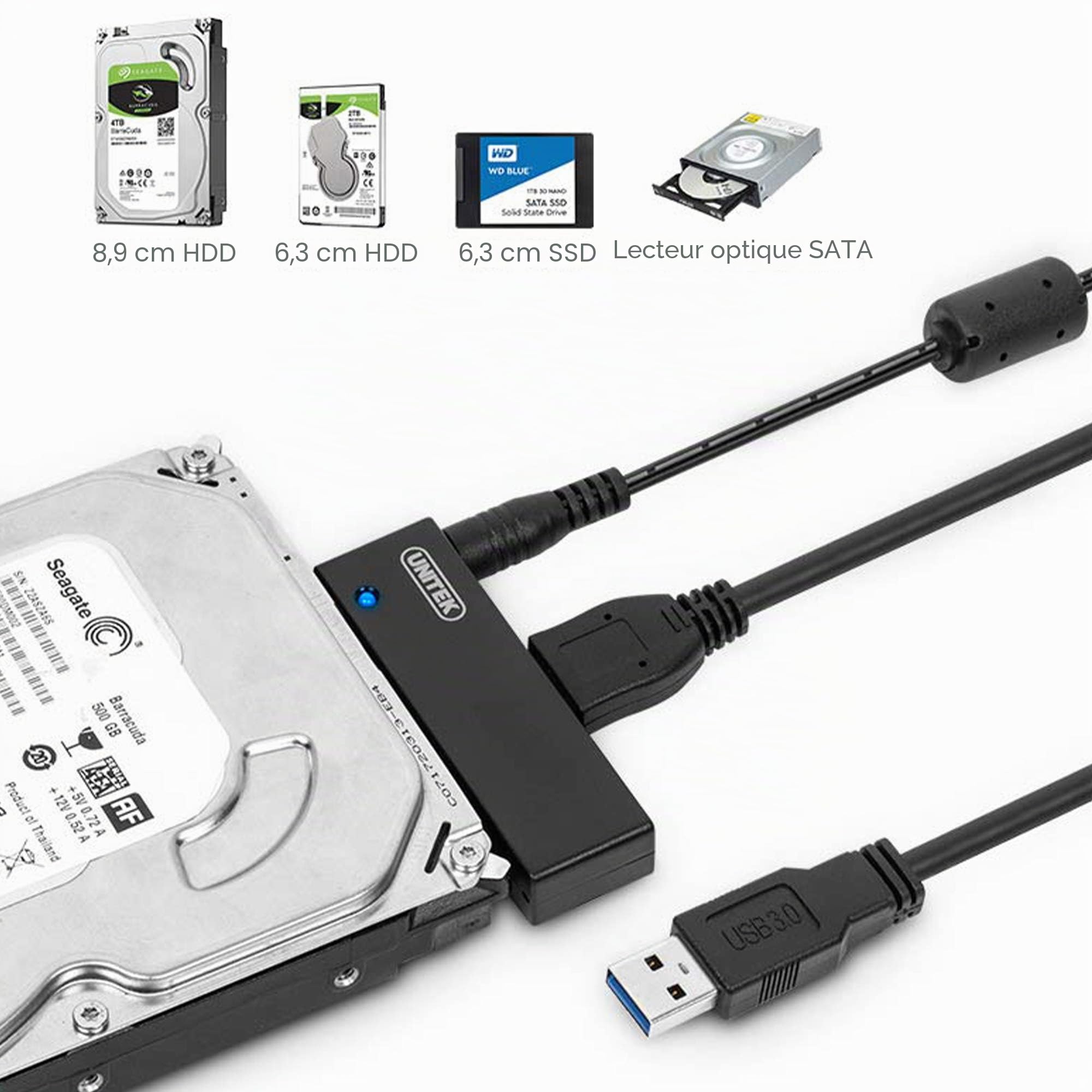 UNITEK Adaptateur SATA vers USB 3.0 6 Gbps pour disques durs 2.5/3.5 HDD/SSD et Lecteur Optique (CD/DVD/Blu-Ray) avec Bloc d'alimentation 12 V/2 A