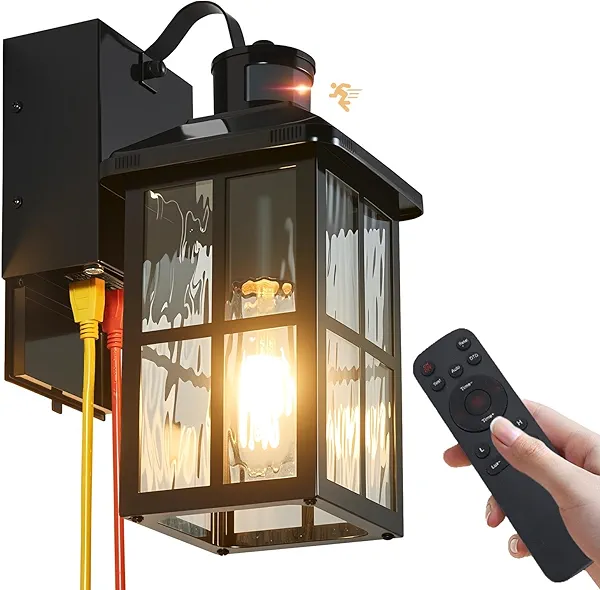 Porch Light with GFCI Outlet with Remote, Dusk to Dawn Outdoor Lighting with Outlet, Upgraded 4 Lighting Modes Motion Sensor Outdoor Lights, Waterproof Outside Lights for House Patio Garage Front Door