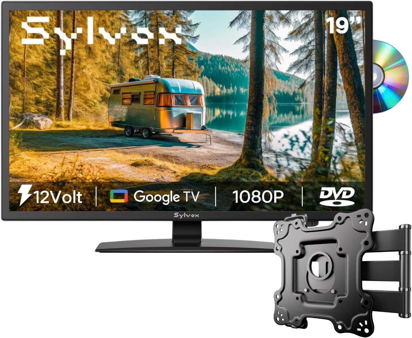 SYLVOX 19" RV TV with Wall Mount, 12 Volt TV with Built-in DVD Player, Google OS Voice Remote ATSC NTSC HDMI USB, AC/DC Powered for RV Camper Van Vehicle