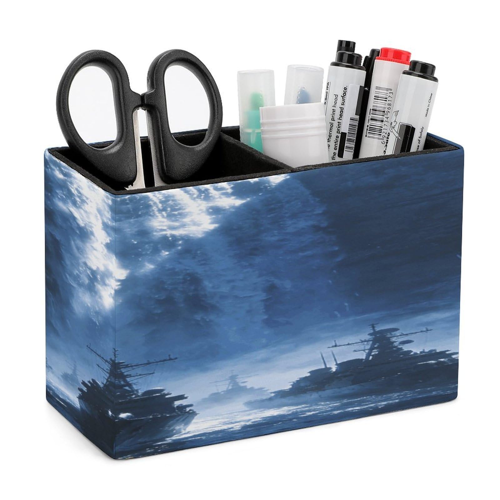 LZQPOEAS Waterfall Navy Pen Holder Double Compartments Pen Cup Makeup Brush Holders Leather Pencil Holder Locker Organizer for Work Locker Accessories Modern Pencil Cup for Desk