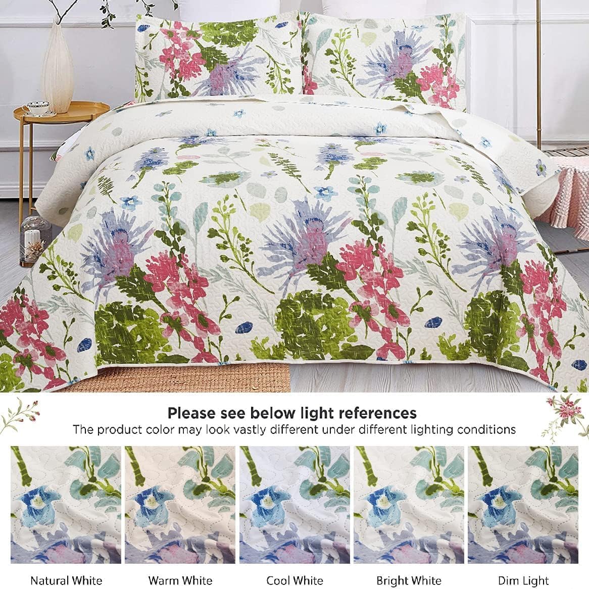 Lightweight Thin Floral Quilt Set Full/Queen Botanical Bedspread Breathable Blue Purple Green White Flower Plant Coverlet Set Garden Quilts Bed Cover Leaves Bedding with 2 Standard Random Pillow Shams