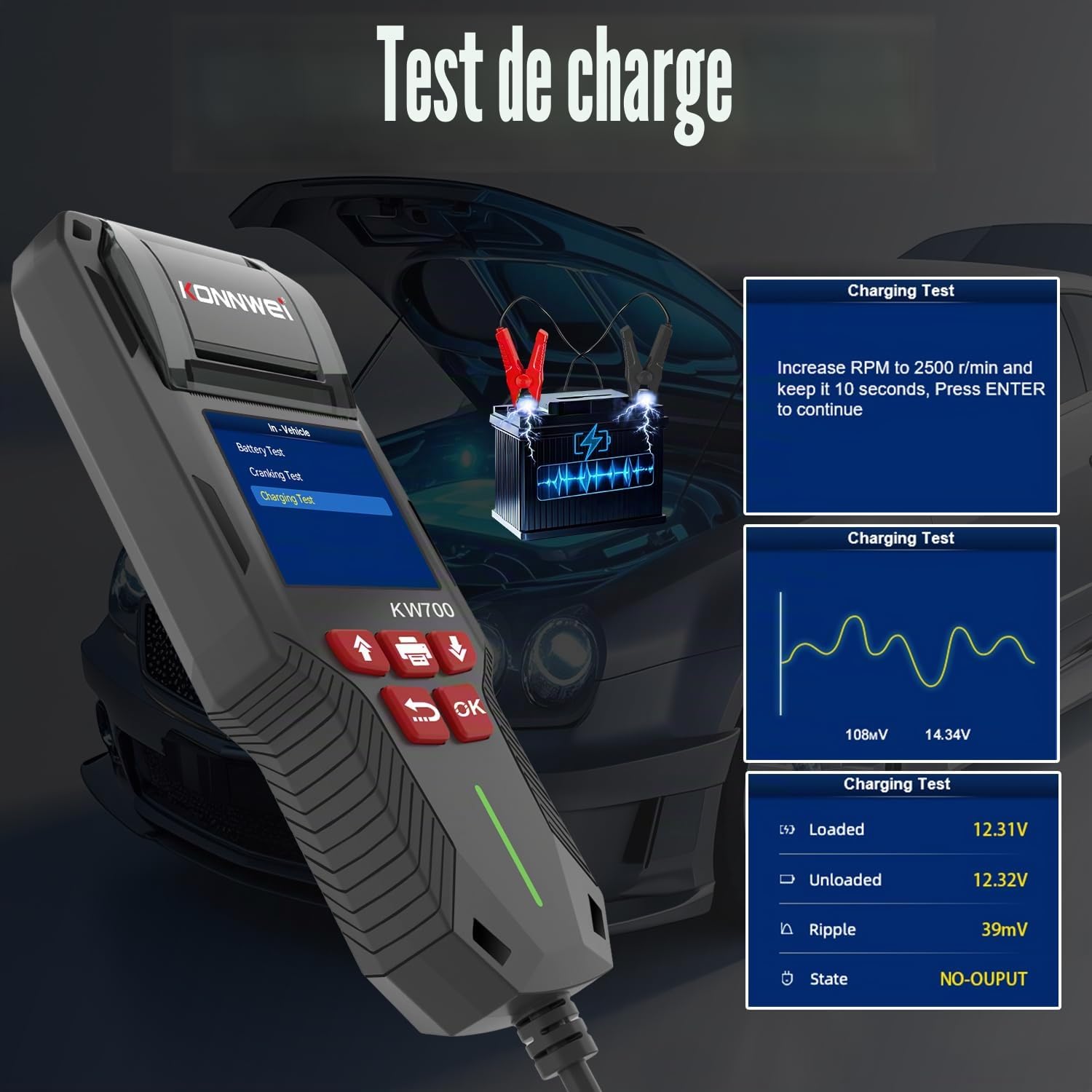 KONNWEI KW700 Testeur Batterie Auto 12V/24V avec Imprimante, Analyseur Batterie Digital pour Voiture, Camion, Moto, AGM/GEL/EFB/Lithium, CCA/EN/DIN, Start-Stop, Diagnostic Charge & Démarrage