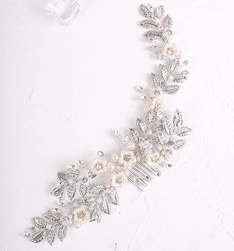 Miniatura 5 de Xerling Peine de pelo de flores y hojas de boda vintage para novias, joyería de pedazos de perlas de diamantes de imitación (plata)