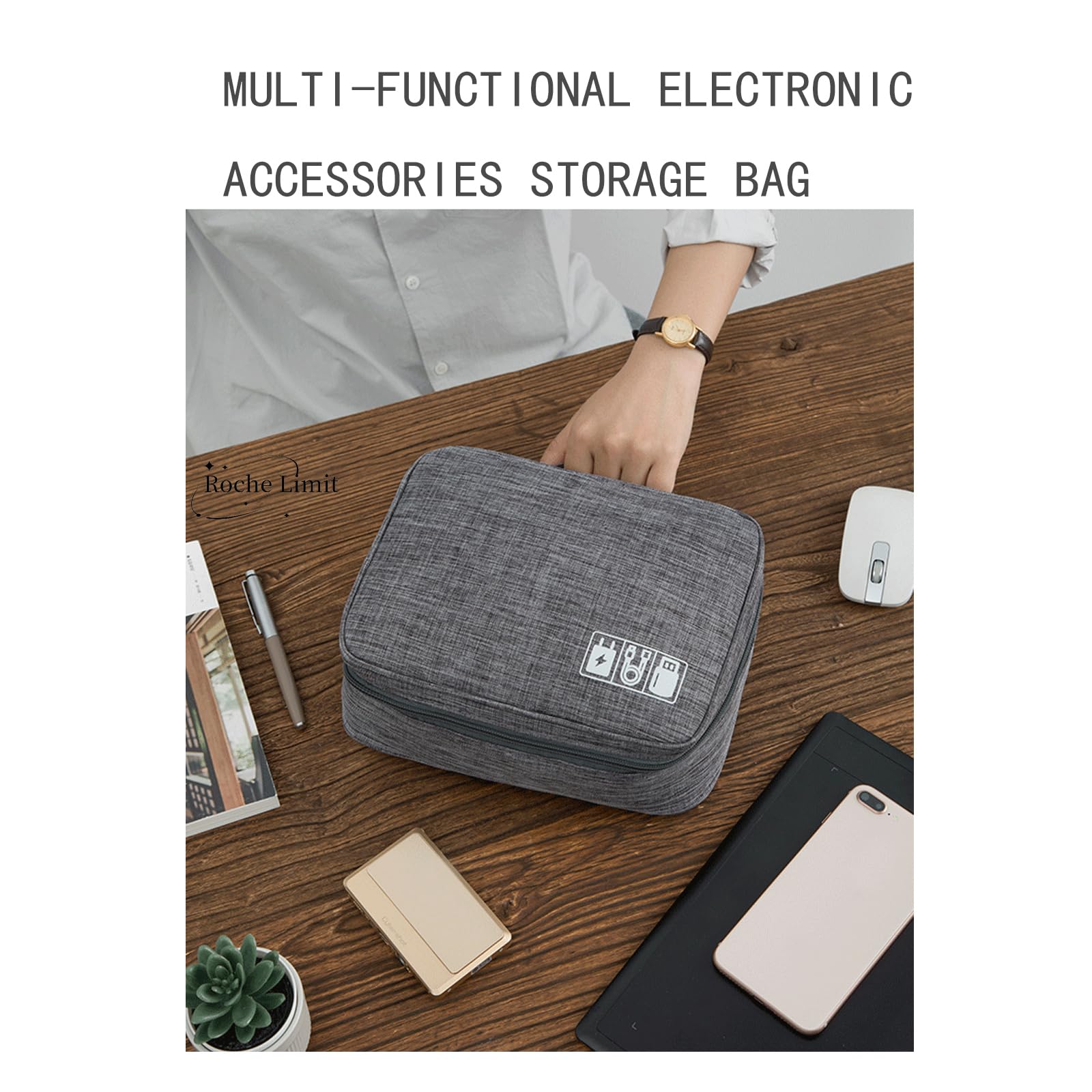 Roche Limit Travel Organizer Bag, Electronic Case Waterproof with Adjustable Divider&Removable Baffle, Double Layers All-in Storage Bag for Power Bank, Charger, Earphone, Cosmetic Black Grey