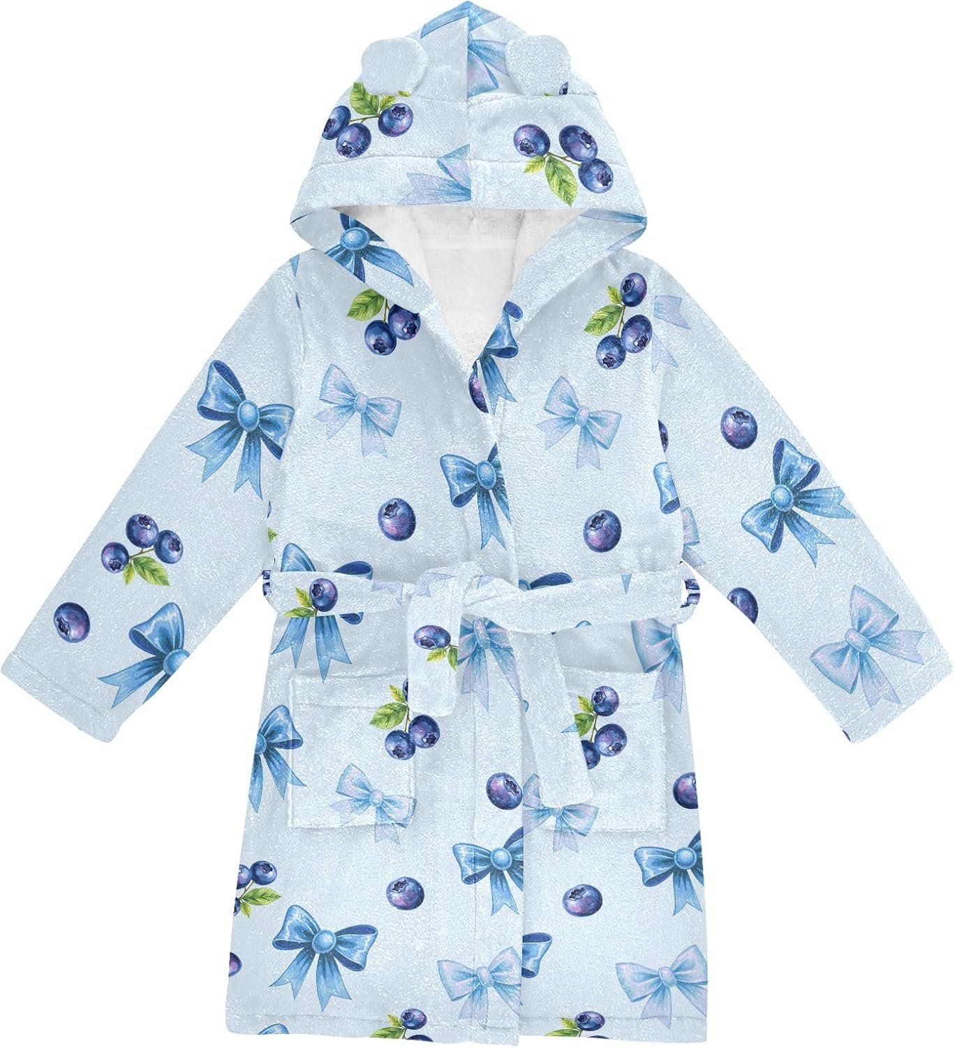 Blueberry with Blue Bows Toddler Hooded Bathrobe for Boys Girls Soft Plush Bath Towel Robe 2-12 Years