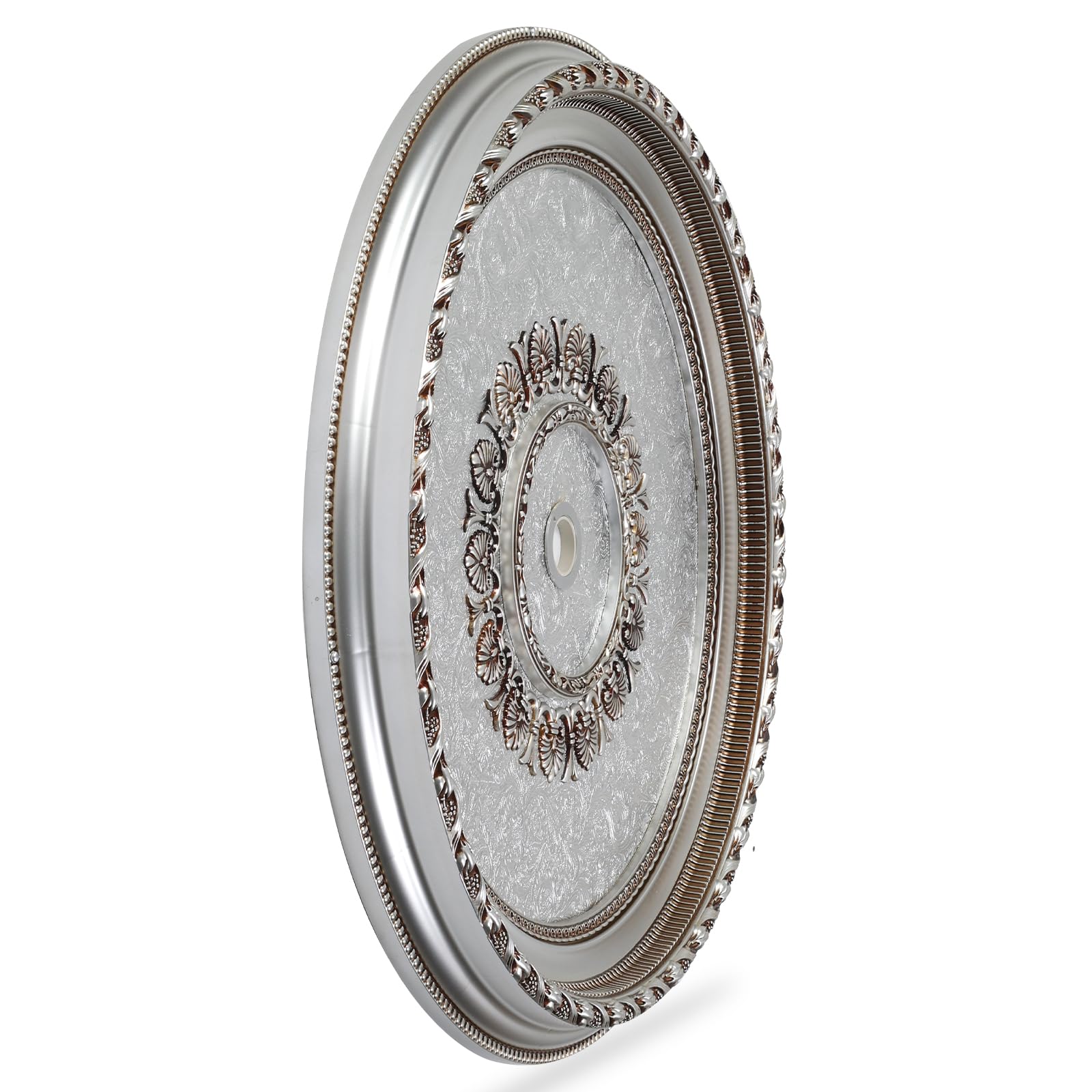 Large Ceiling Medallion, 31.5 Inch, Silver and Gold, Floral Embossed, for Light Fixtures and Chandeliers — Amazon image 4