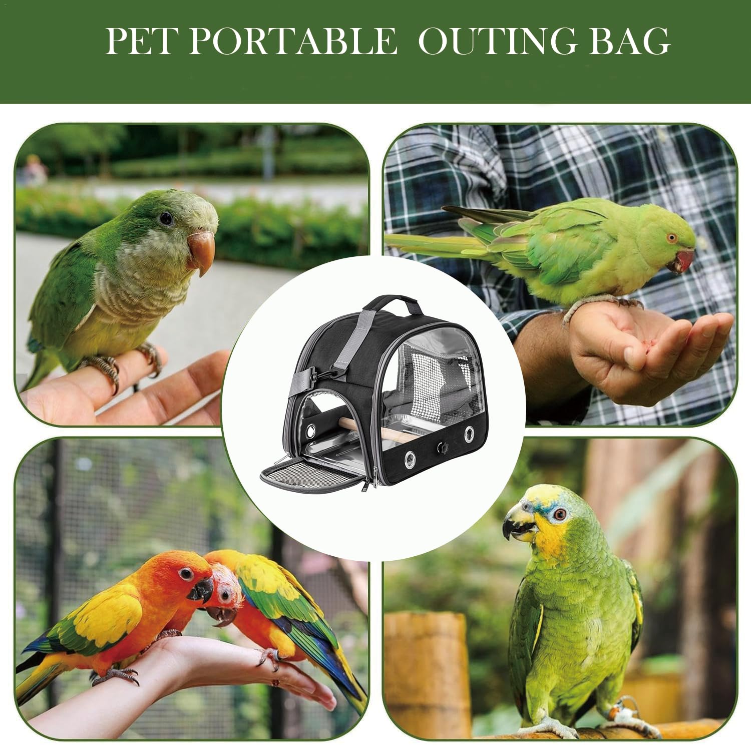 Jaula De Viaje para Pájaros con Percha Y Bandeja, Bolsa De Transporte para Pájaros, Transportador Portátil para, Bolsa De Viaje para Loros, para Periquitos y Loros Pequeños, Negro