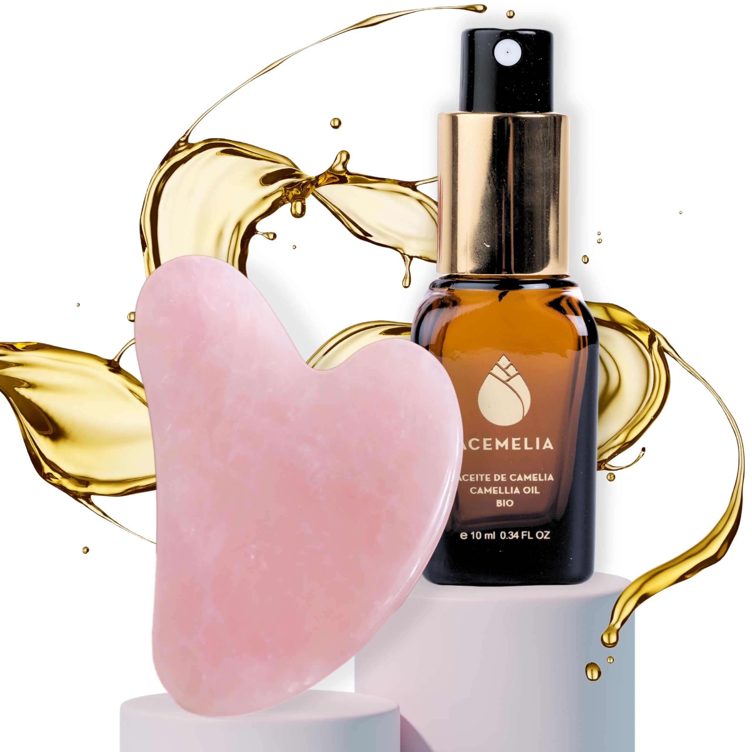 Pack Gua Sha Cuarzo Rosa + Aceite Camelia Bio 100% Natural 10ml - Hidratante y Nutritivo - Propiedades Antioxidantes y Rejuvenecedoras - Aceite seco Absorción inmediata - Extraído en frío en Galicia