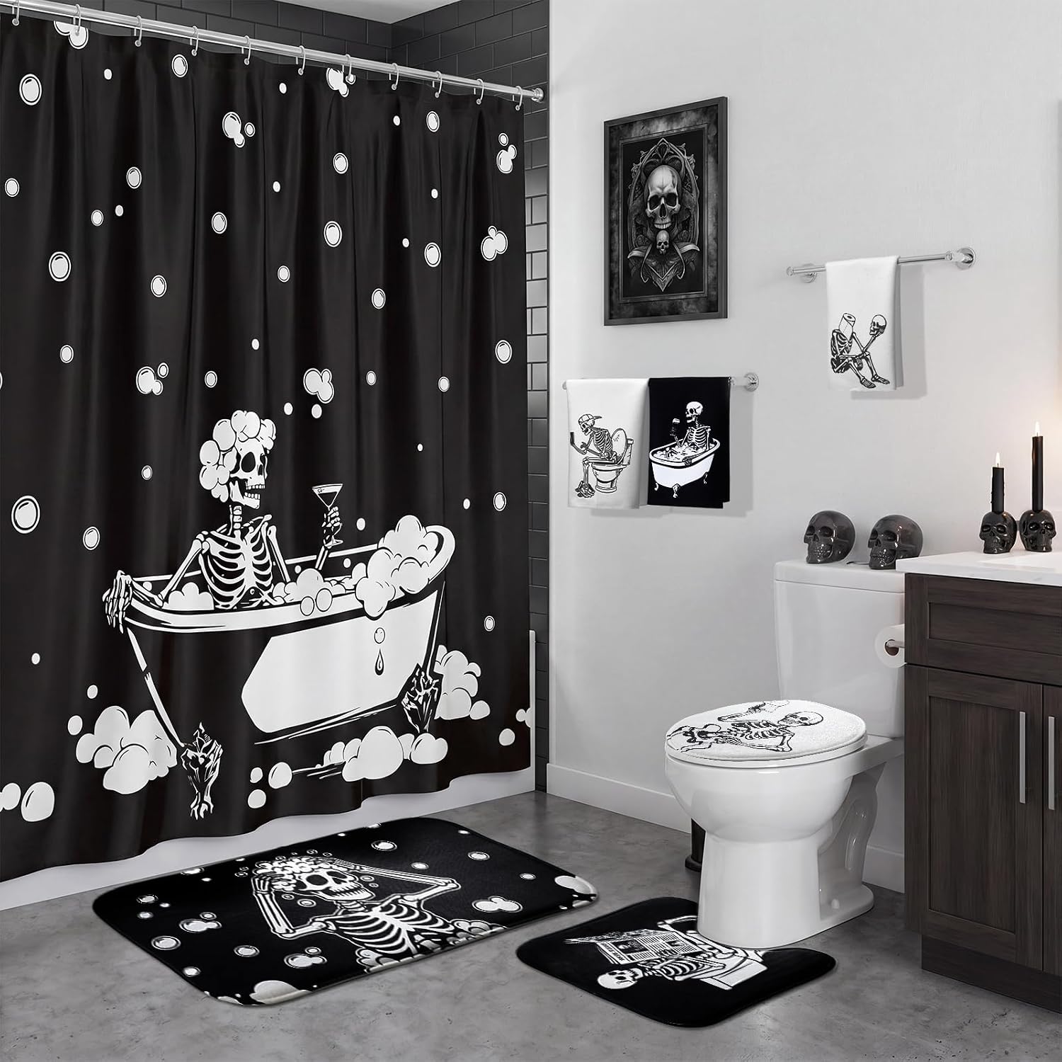 Tingjoo 7 Pcs Skull Shower Curtain Sets, Halloween Bathroom Decor