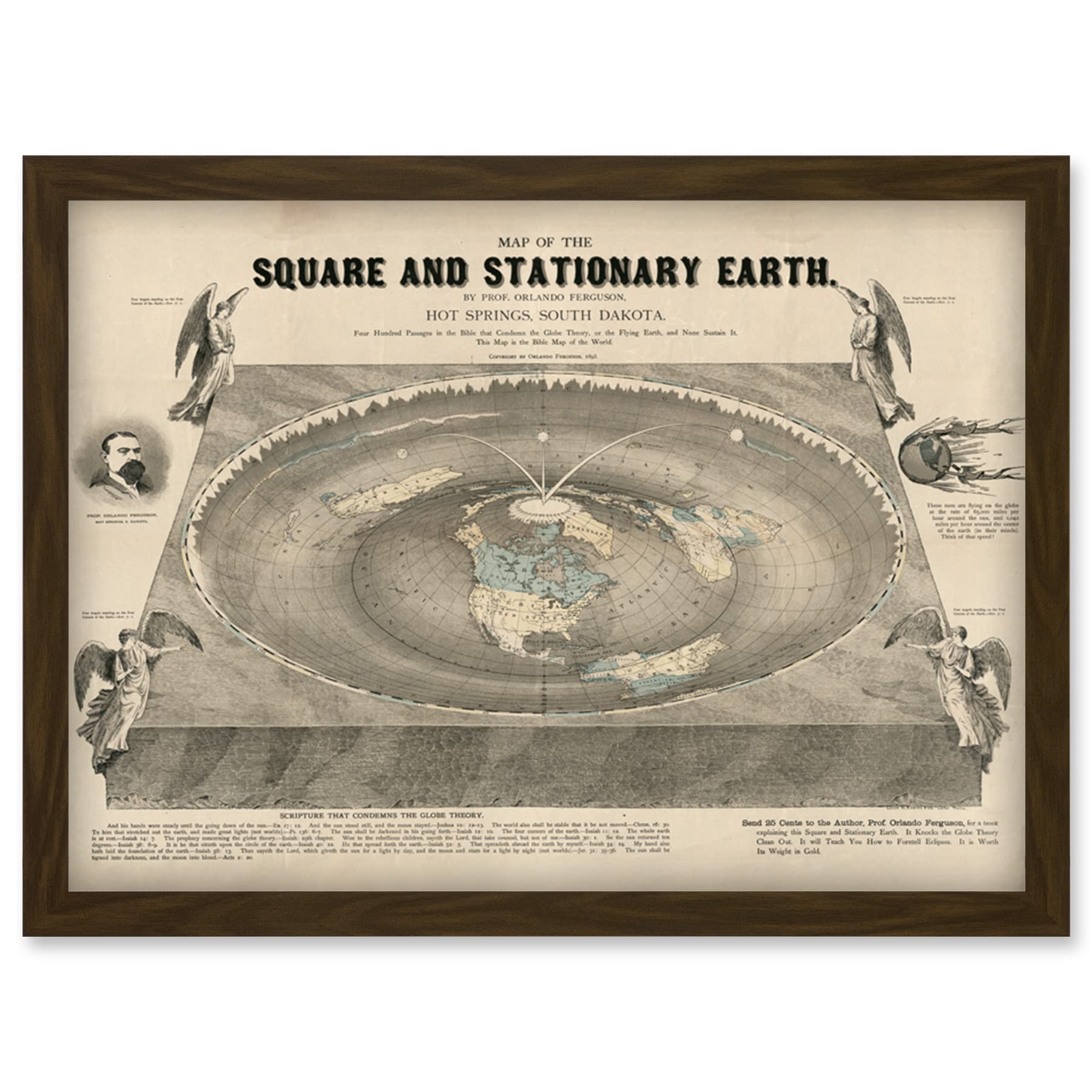 Artery8 Orlando Ferguson Vintage Map of the Square and Stationary Earth Flat Earth Artwork Framed Wall Art Print A4