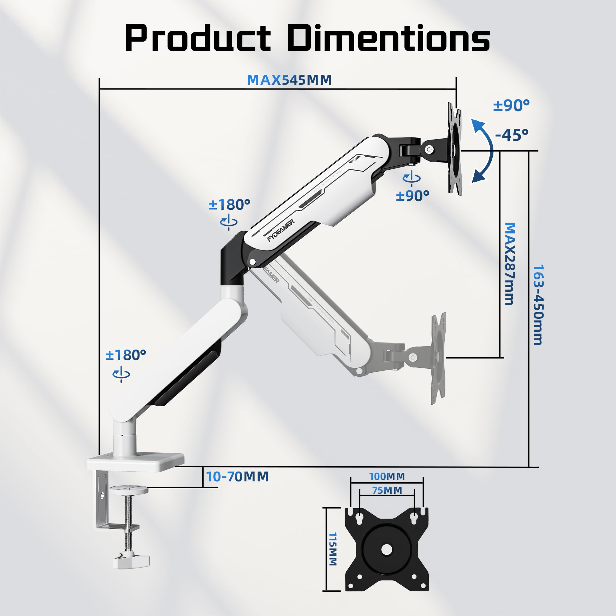 Fydeamer Braccio singolo per monitor, resistente supporto a molla a gas per schermi da 17-32 pollici fino a 9 kg, supporto da scrivania regolabile con movimento completo con compatibilità VESA 75 x 75