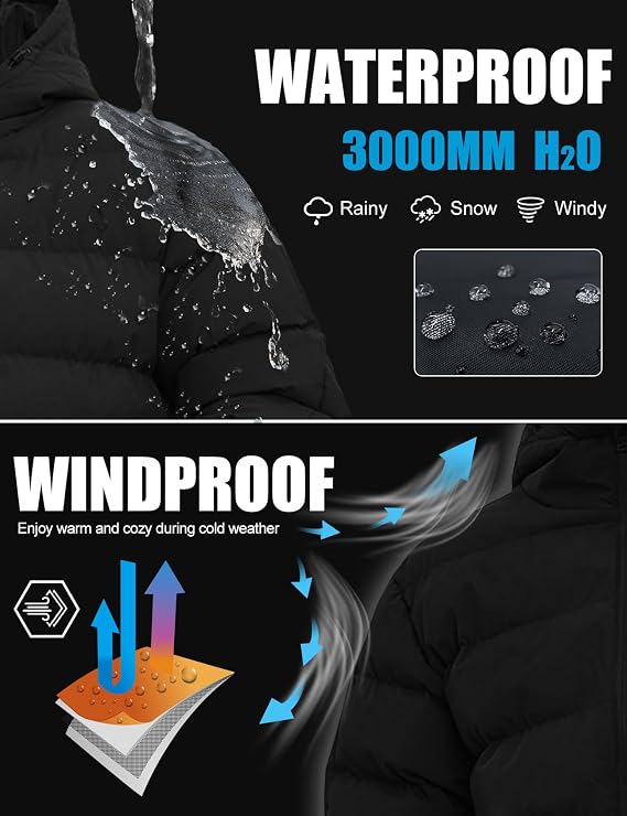 Flygo Mens Hooded Puffer Jacket Insulated Winter Waterproof Warm Coat Zipper Down Quilted Jackets