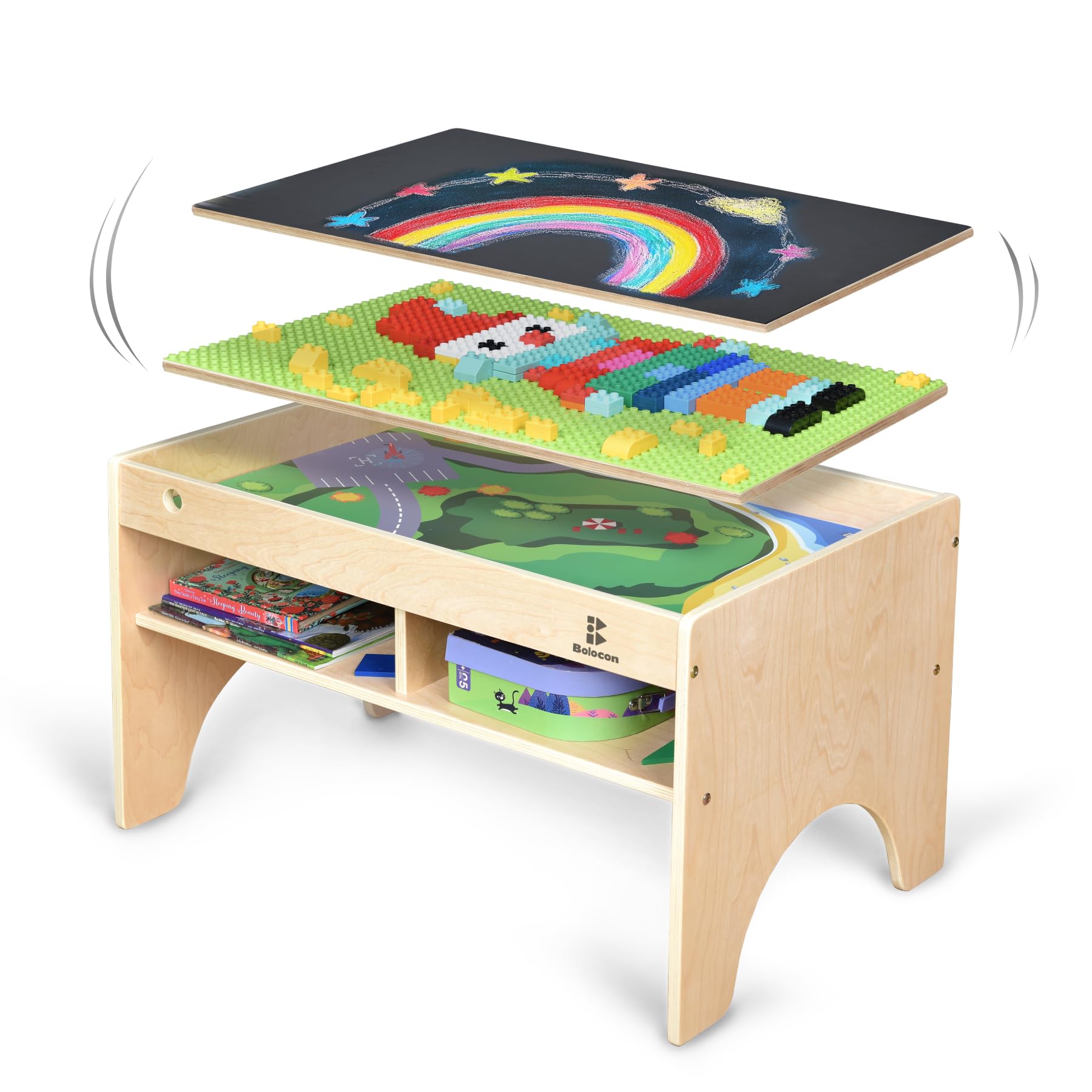 Bolocon Kids 3-in-1 Wooden Art & Activity Table Playset Furniture with 4 Compartments for Storage, Play Table Compatible with Blocks&Bricks and Train Set for Preschool Toddler Boy & Girl (STD.)