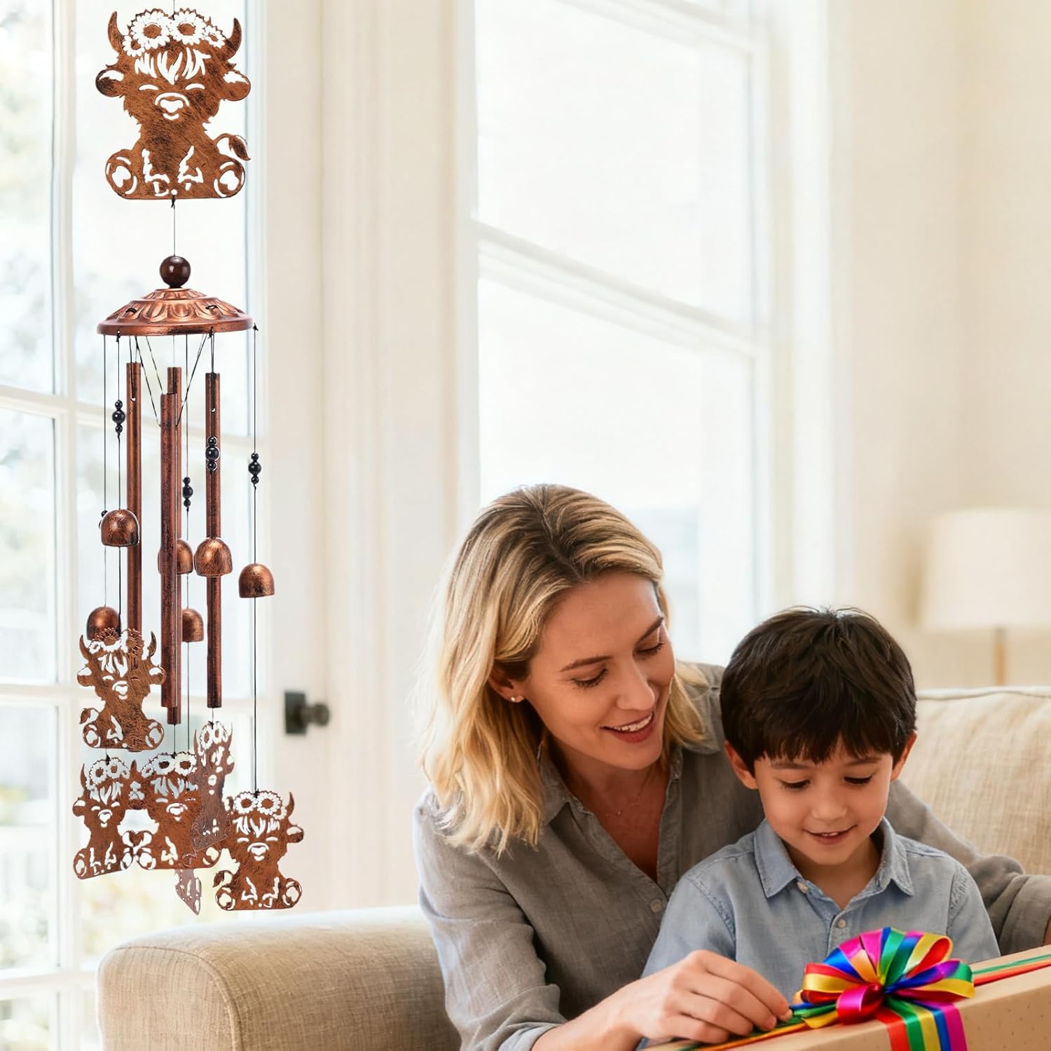 Highland Cow Wind Chimes - Metal Windchime Outdoor Indoor Decor Cows Gifts for Women Men Mom Grandma Animal Lover Garden Lawn Patio Yard Porch Home Decoration Birthday Christmas Memorial Gift