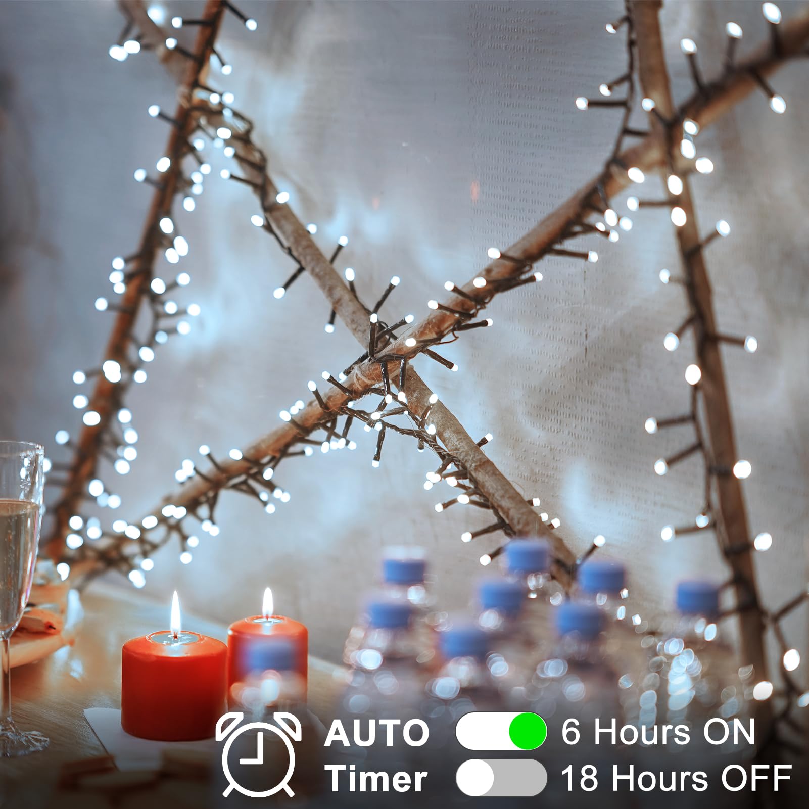 BSGlobal Guirnalda de luces de racimo de batería, paquete de 2 unidades de 20 pies, 400 luces LED con temporizador, 8 modos, petardo, luces de Navidad al aire libre, impermeables, para decoración del