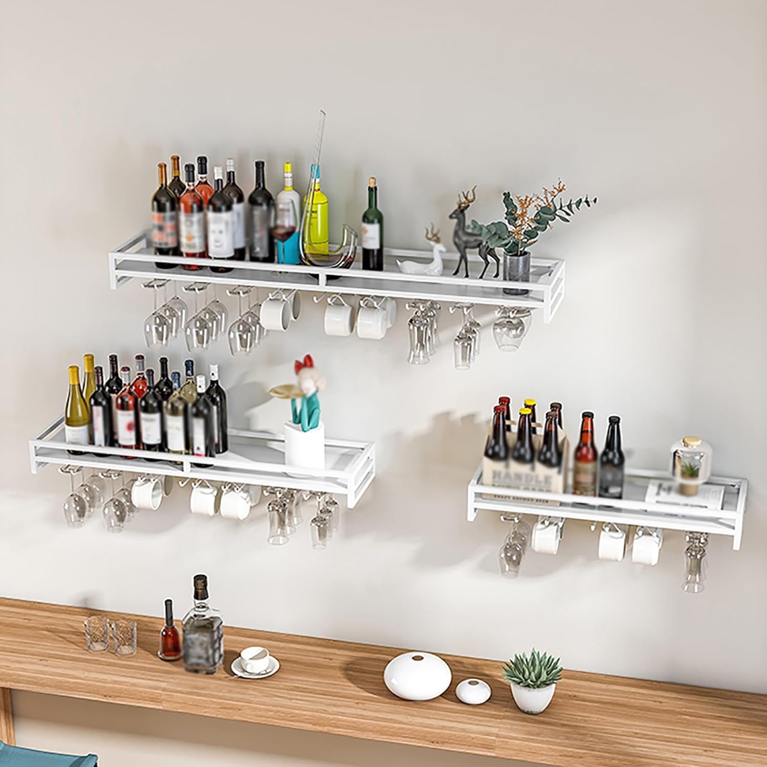 Wall Mounted Wine Rack,Metal Wine Glass Shelf,Floating Shelves,Hanging Goblet Shelf,Wine Bottle Organizer Multi-Functional Wine Storage Display Rack For Home Bar Dining Room Kitchen ( Color : White ,