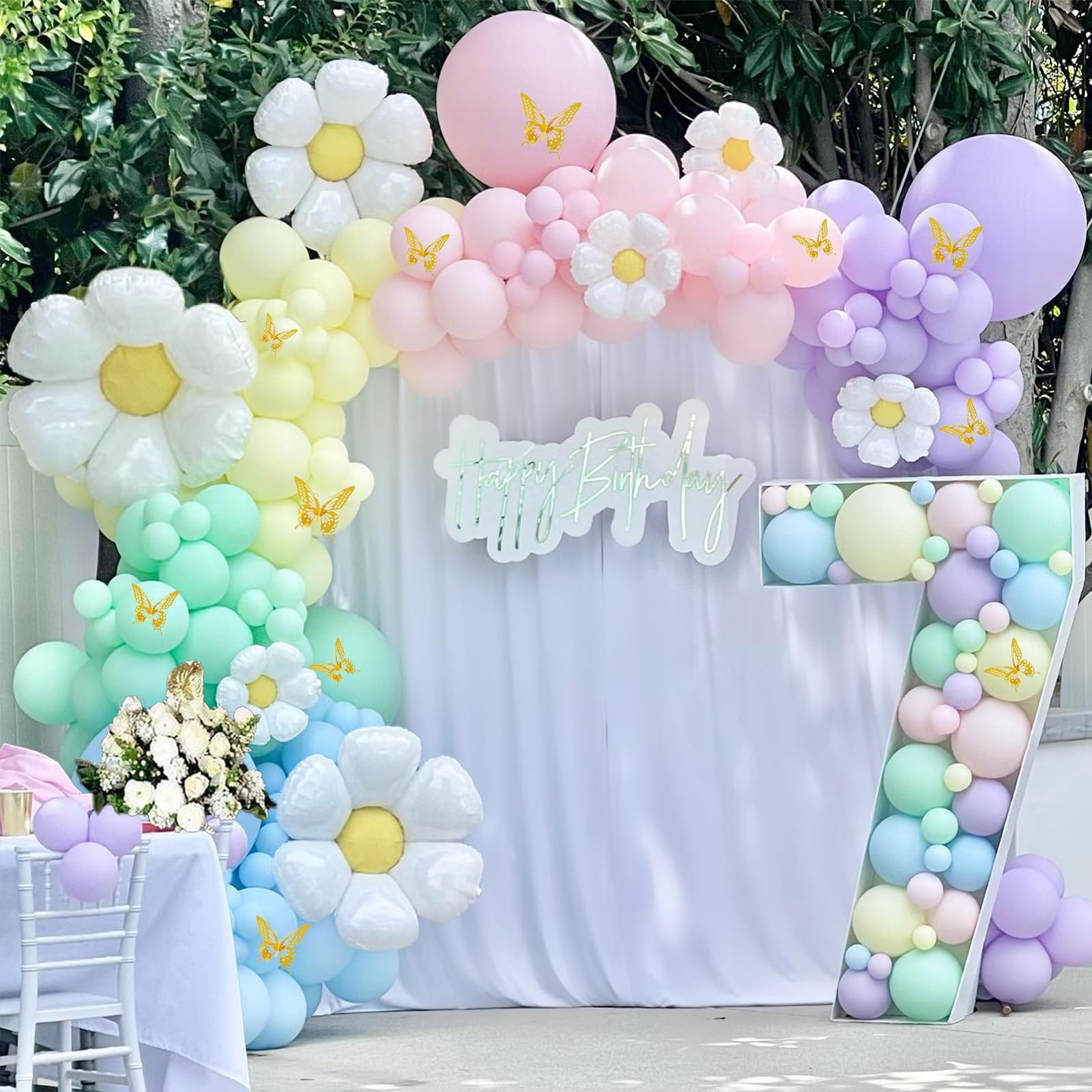Daisy Pastel Balloon Garland Kit - 203pcs for Rainbow Arch, Boho Balloon Arch Kit with 3D Butterflies, Perfect for Wedding, Birthday, Easter, and Baby Shower Decor