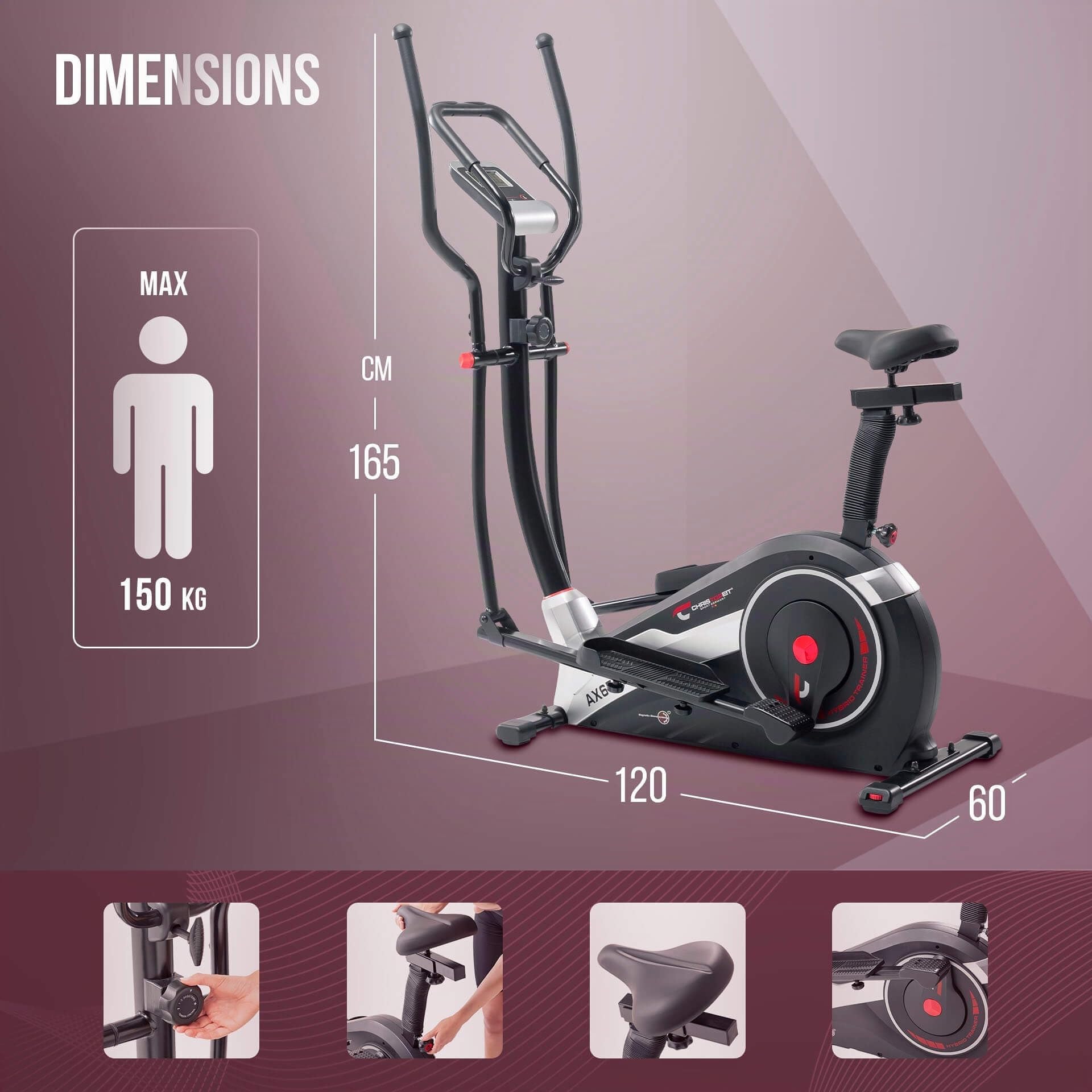 Christopeit Sport AX 6500 Vélo hybride 2 en 1 – 10 niveaux de résistance, avec système de freinage magnétique, poids jusqu'à 150 kg