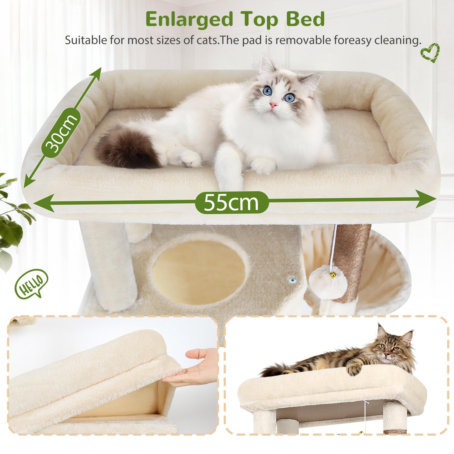 Globlazer S69B Arbre à Chat Beige XL Stable 180cm pour Grand Adulte Chats | Arbre à chat avec 2 Grandes Niches, Planche Sisal, Grande Plateforme pour Gros Chats Grimpent Reposent Jeu Escalade