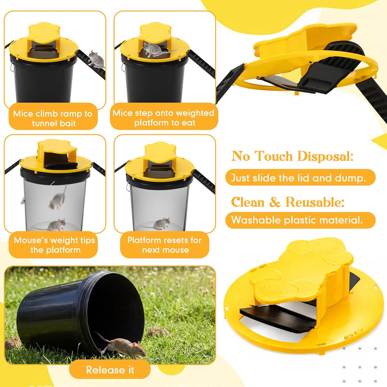 Qualirey 8 Pcs Bucket Lid Mouse Trap 5 Gallon Mouse Rat Traps Reusable Bucket Trap for Mice and Rats Buckets Lid Rat Traps Mice Catching Tool for Indoor Outdoor, 5 Gallon Buckets Compatible