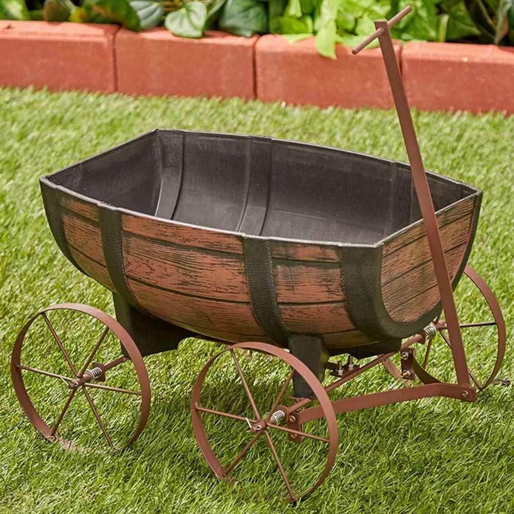 Barrel Wagon Planter Rustic Vintage Farmhouse Garden Outdoor Yard Porch Patio Faux Wood Nostalgic