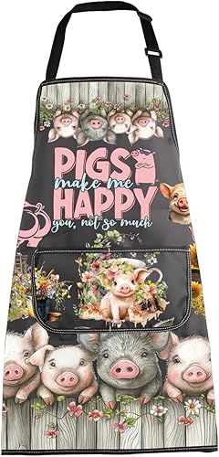 MBMSO Divertidos regalos de cerdo, delantal de barbacoa para amantes de los cerdos, regalos de cerdos Make Me Happy Pig Delantal con bolsillos BBQ