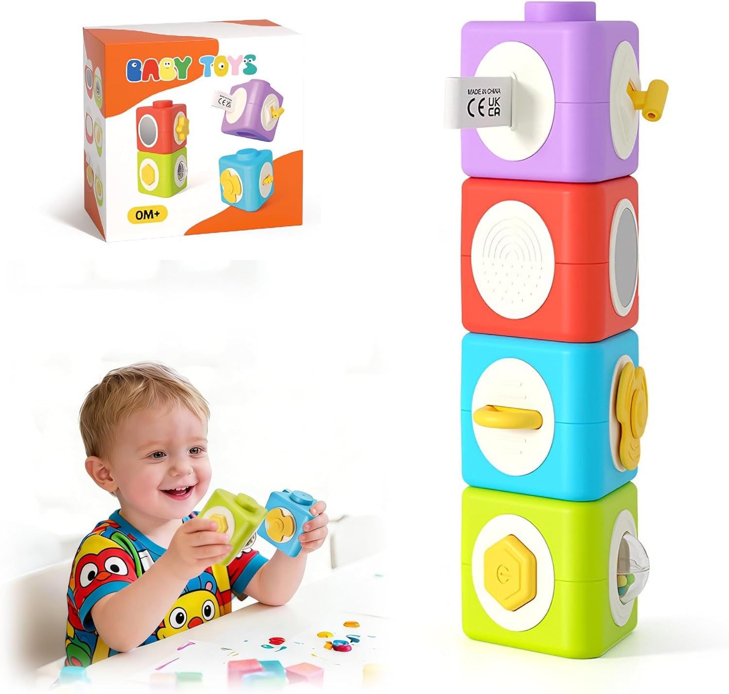 Activity Cubes & Stacking Toy Blocks Set of 4,12-in-1 Montessori Toys for 1-2 Years Old,Educational Activities Sensory Travel Toys for Airplane & Car, Perfect Birthday for Toddlers