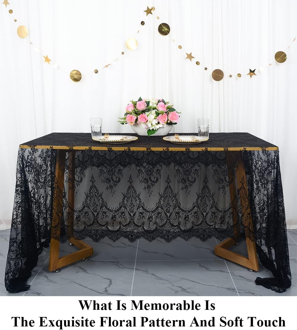 Partisout Black Lace Tablecloth Rectangular 60x120 Inch Wedding Decor | Embroidered Floral Lace Design, Scalloped Edges, Oblong Sheer Overlay, for Wedding Reception, Party Birthday Table Decor