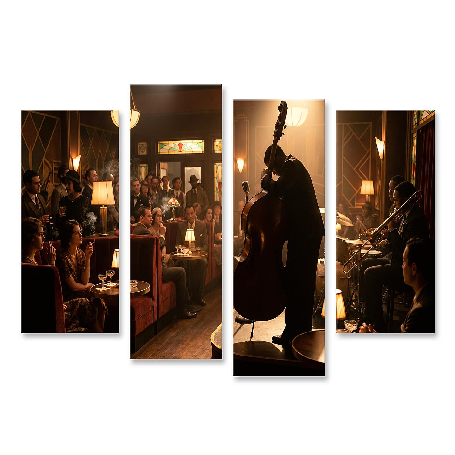 islandburner Quadro su tela, motivo: club jazz nostalgico, per soggiorno, per gli amanti della musica, 4 pezzi