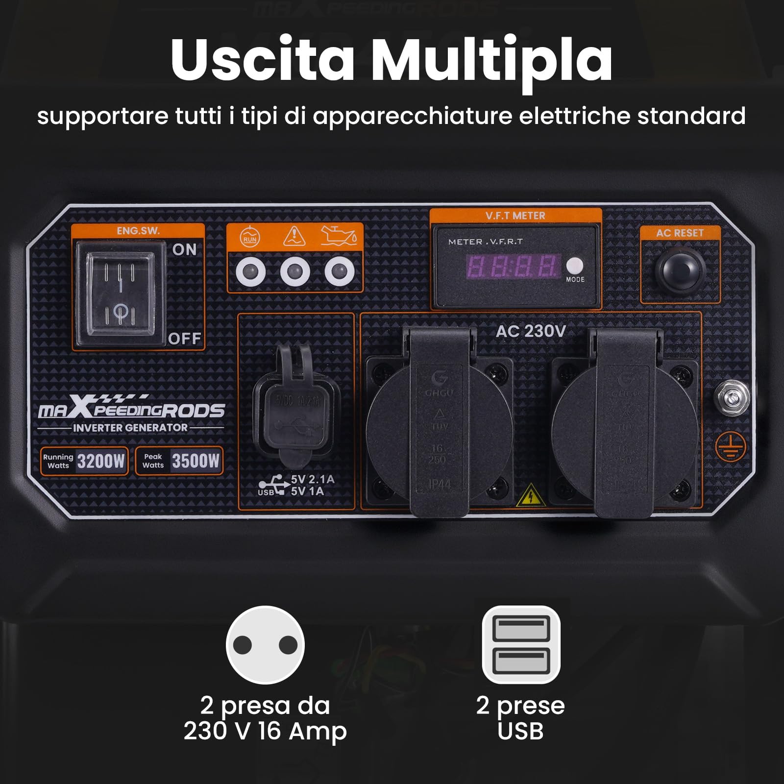 maXpeedingrods Generatore di Corrente Inverter Portatile 3500W Benzina 4 tempi con 2 prese 230V Silenzioso e leggero come generatore di emergenza domestica per Garage Officina Cantiere Camping
