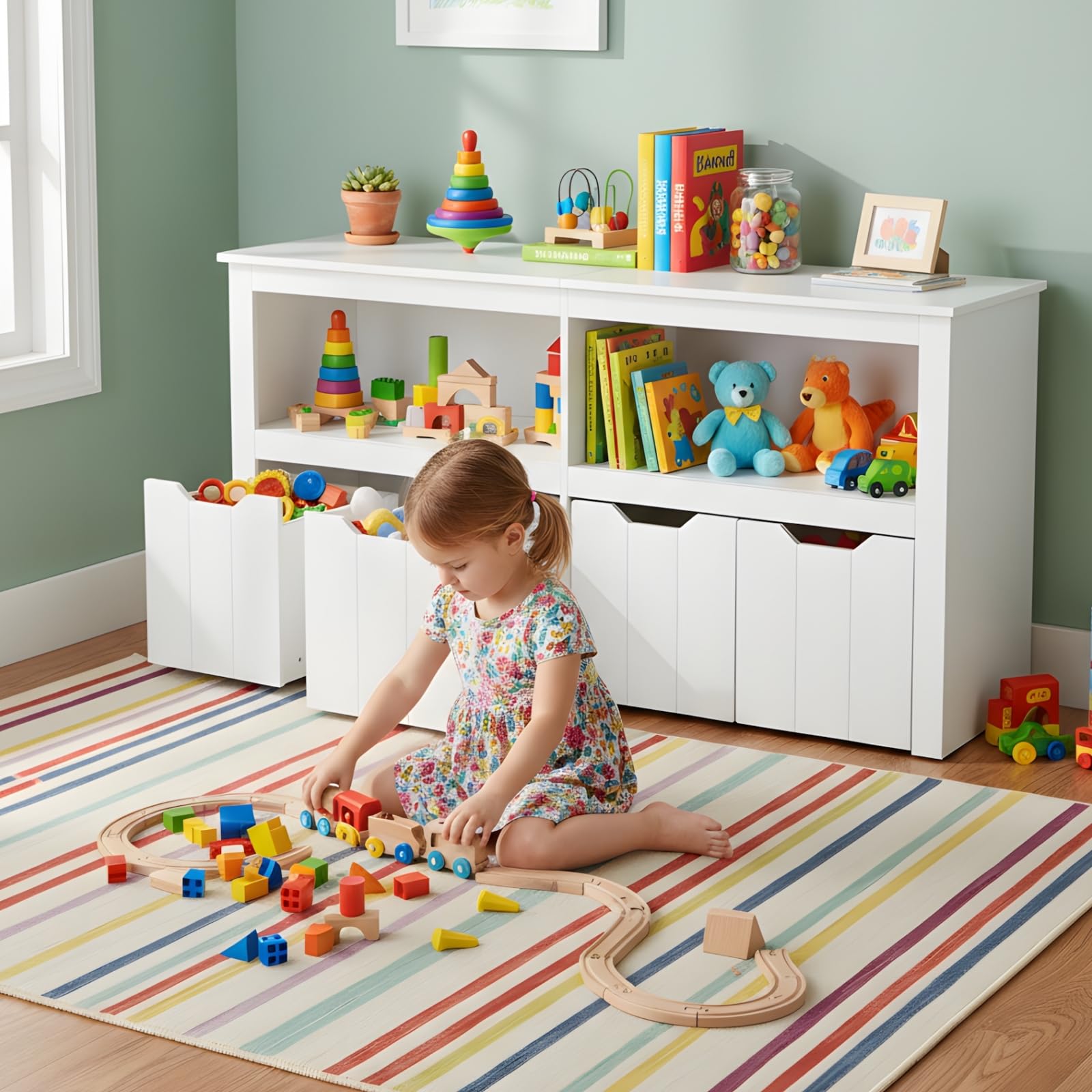 Meuble Rangement Enfant avec 2 Compartiments et 4 Tiroirs Roulants, Meuble de Rangement Jouets Enfant Bibliothèque pour Salon Chambre d’Enfant Salle de Jeu (Blanc, 120 x 33 x 61.5 cm)