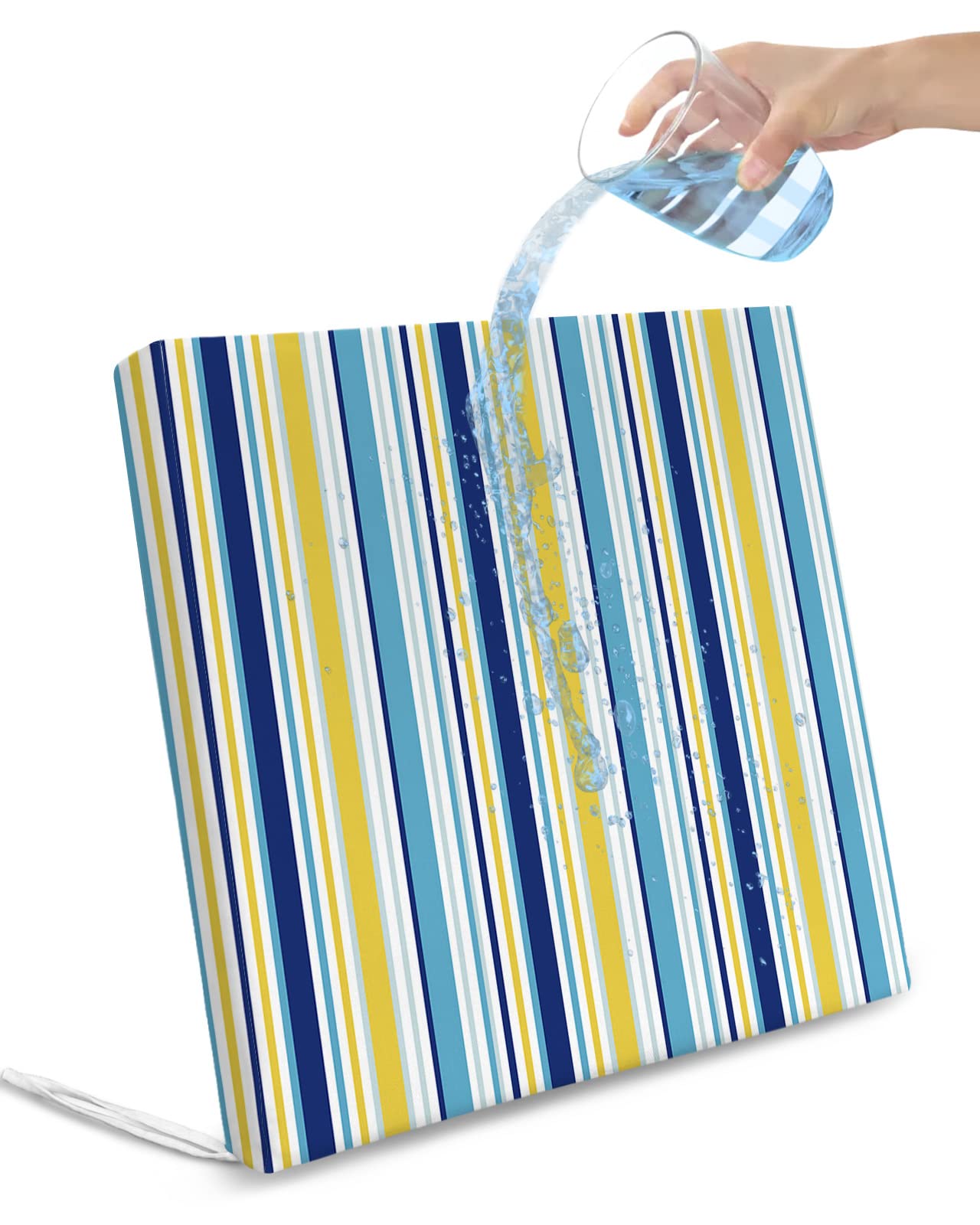 LUSWEET Waterproof Patio Chair Seat Covers Blue Yellow Stripe 4 Pack Outdoor Cushion Covers,Removable Cushion Slipcovers for Dining Room,Garden,Beach 20x18x4 Inch
