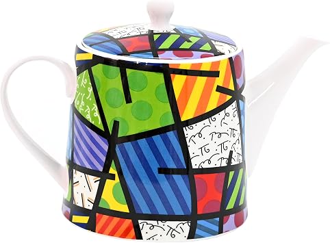 Romero Britto Bone China Coffee & Tea Pot, 28.7 oz, Colorful Landscape, Abstract Artwork Design