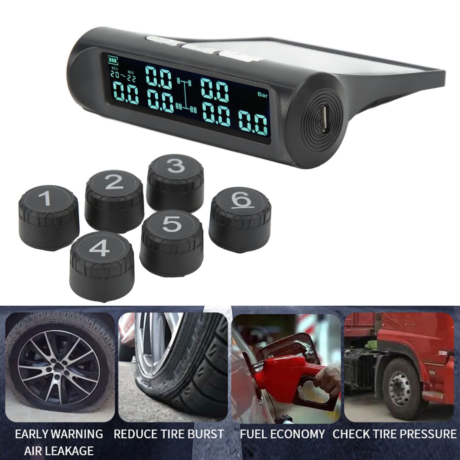 KIMISS Reifendrucküberwachungssystem – 6-Rad Solar TPMS für Lkw und Wohnmobile, DC 5V, stabiles Signal, LCD-Display, genauer Alarmton, Warnung bis 8 bar