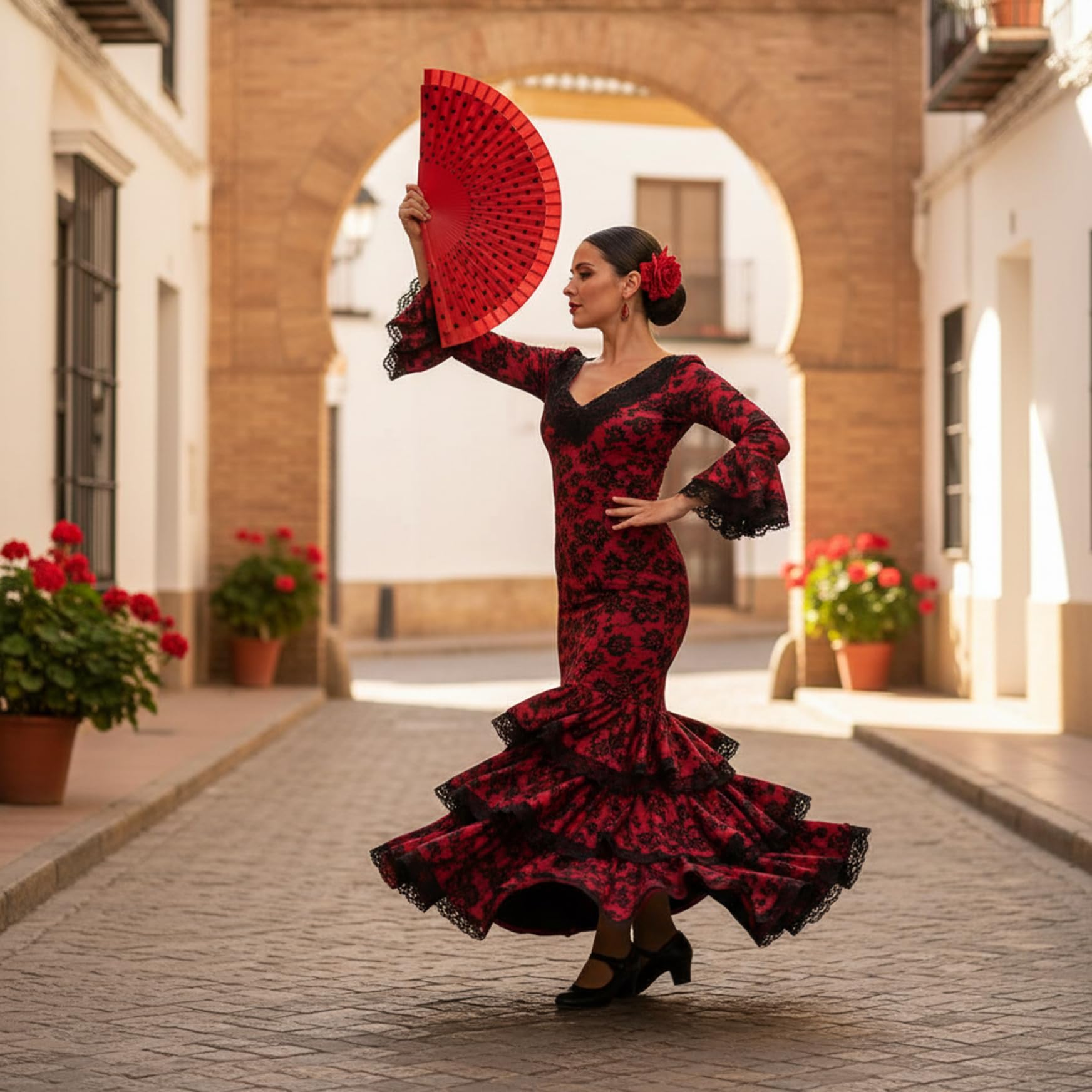 Abanico español pintado a mano lunares rojos algodón mango madera plegable flamenco