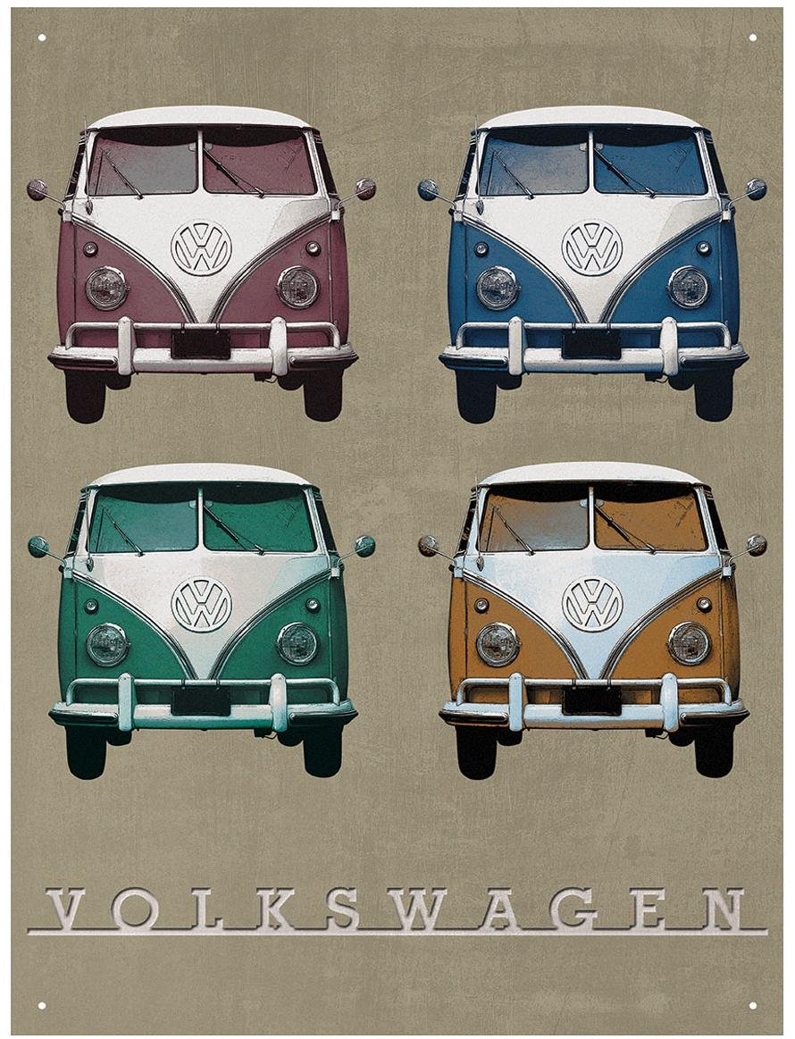Plaque Métal Vintage VW Camper Quad - Grand Signe Mural Décoratif Rétro, 420x310mm, Bords Roulés