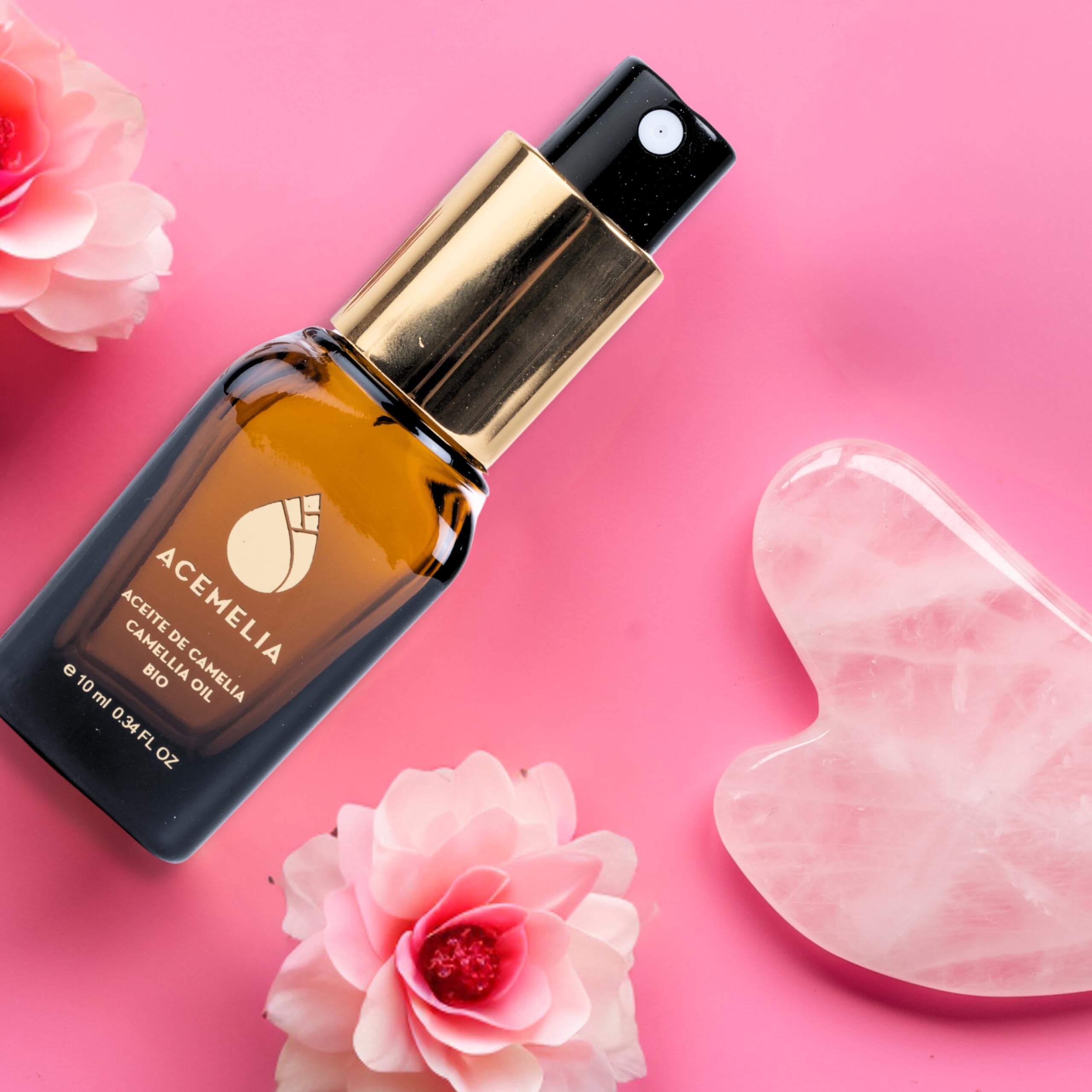 Pack Gua Sha Cuarzo Rosa + Aceite Camelia Bio 100% Natural 10ml - Hidratante y Nutritivo - Propiedades Antioxidantes y Rejuvenecedoras - Aceite seco Absorción inmediata - Extraído en frío en Galicia