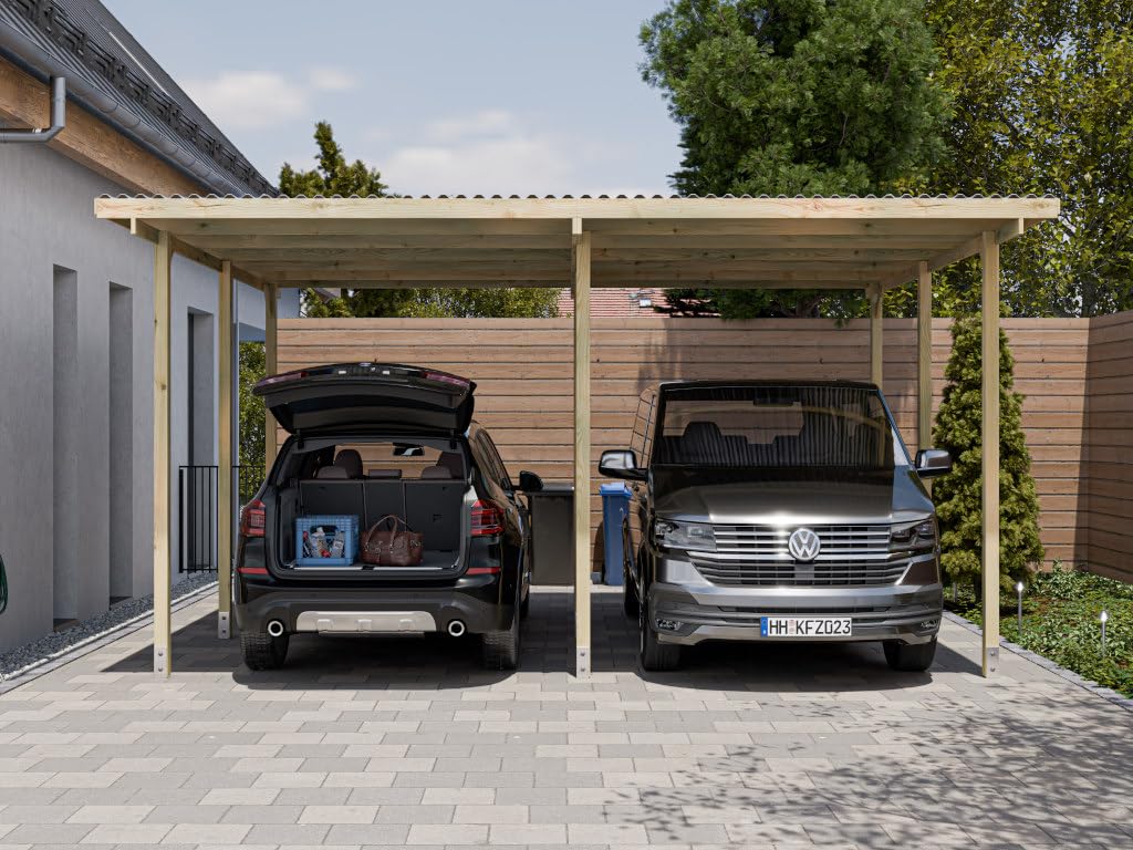 Holz Doppel Carport | 595 x 495 cm | 290 cm hoch | Fichte Kiefer Carport | mit UV-Schutz | 9er Pfosten | inkl. Dacheindeckung