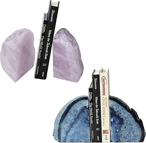 AMOYSTONE - Sujetalibros de cuarzo rosa de 4 a 6 libras y ágata azul sujetalibros pequeños de 2 a 3 libras