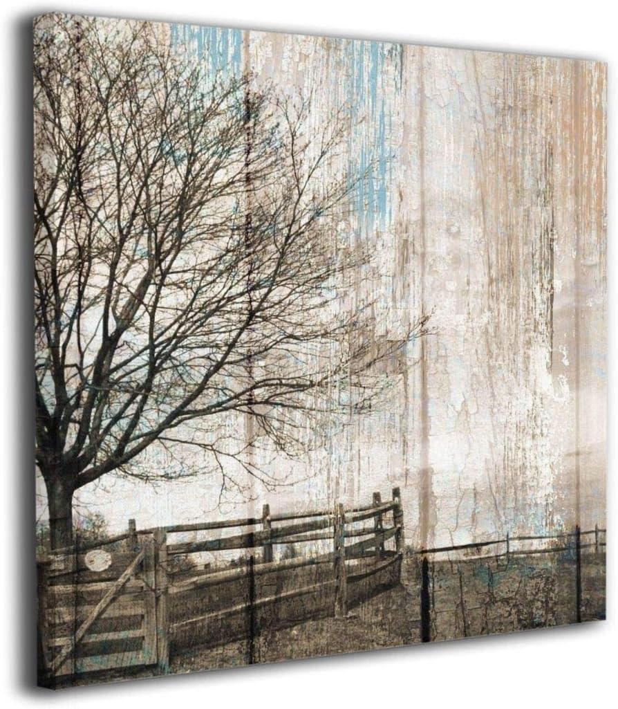 Country Farmhouse Brown Blue Canvas Wall Art Oil Paintings Wall Decorations for Bedroom Hallway 20"x20" Stretched and Framed