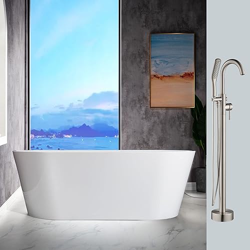 WOODBRIDGE Bañera de inmersión acílica blanca independiente de 67 pulgadas con kit de drenaje y relleno de bañera de montaje en piso en níquel